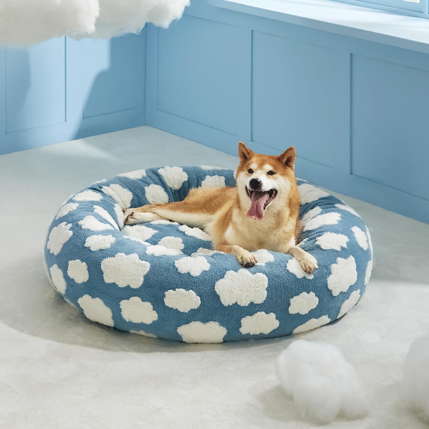 Round Donut Cat and Small Dog Bed Calming Plush Non-Slip