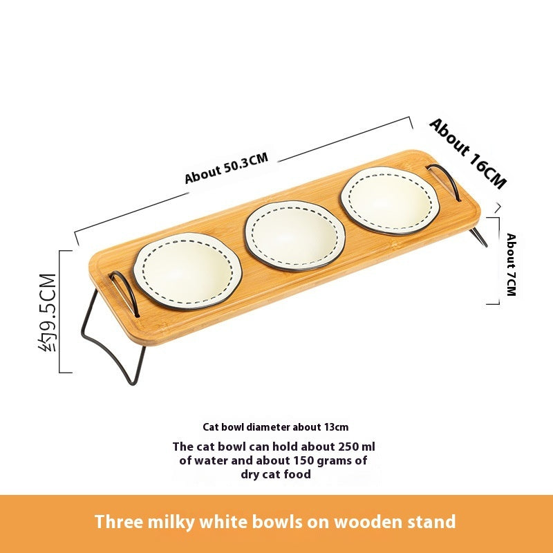 Multi-Functional Wooden Pet Bowl Rack with Ceramic Bowls