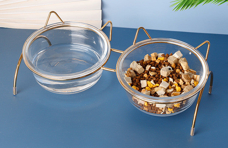 Glass Cat Bowl with Metal Rack for Food and Water