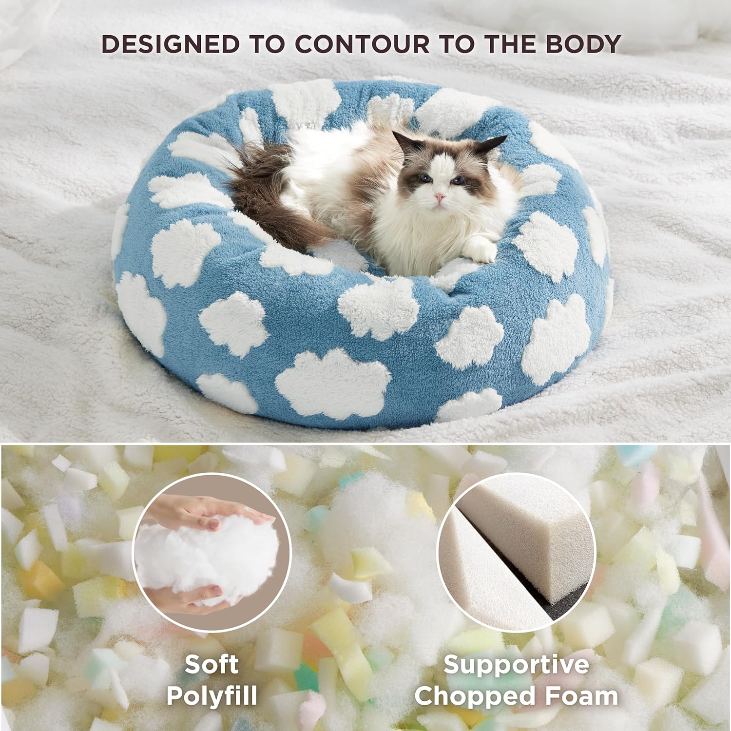 Round Donut Cat and Small Dog Bed Calming Plush Non-Slip