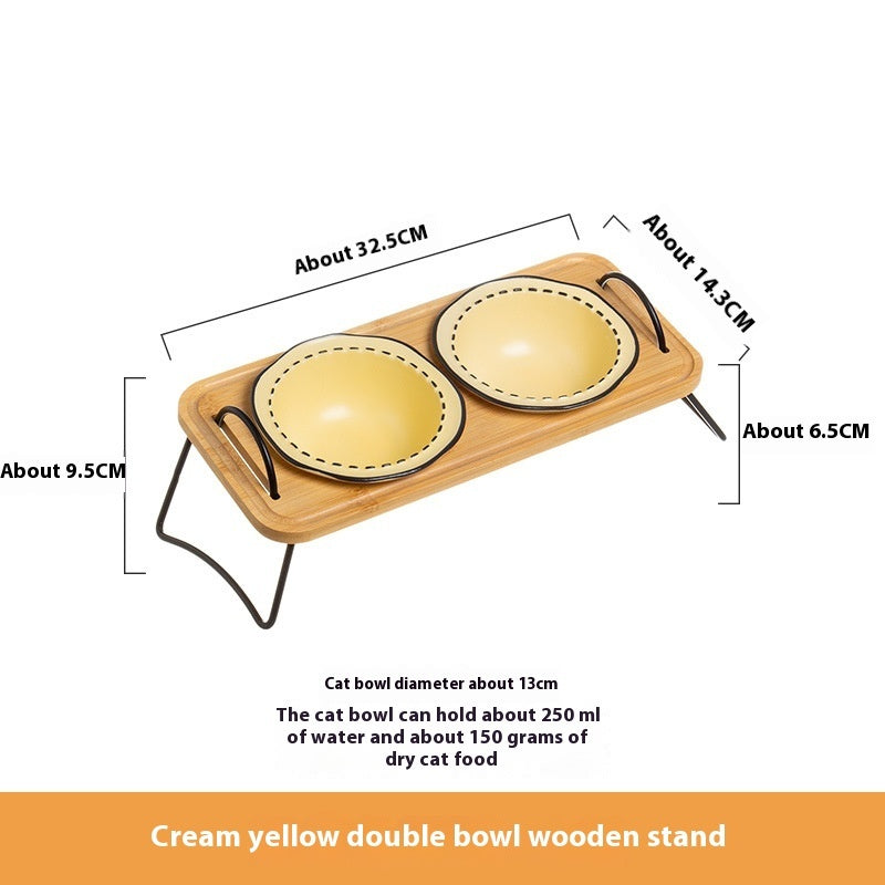 Multi-Functional Wooden Pet Bowl Rack with Ceramic Bowls