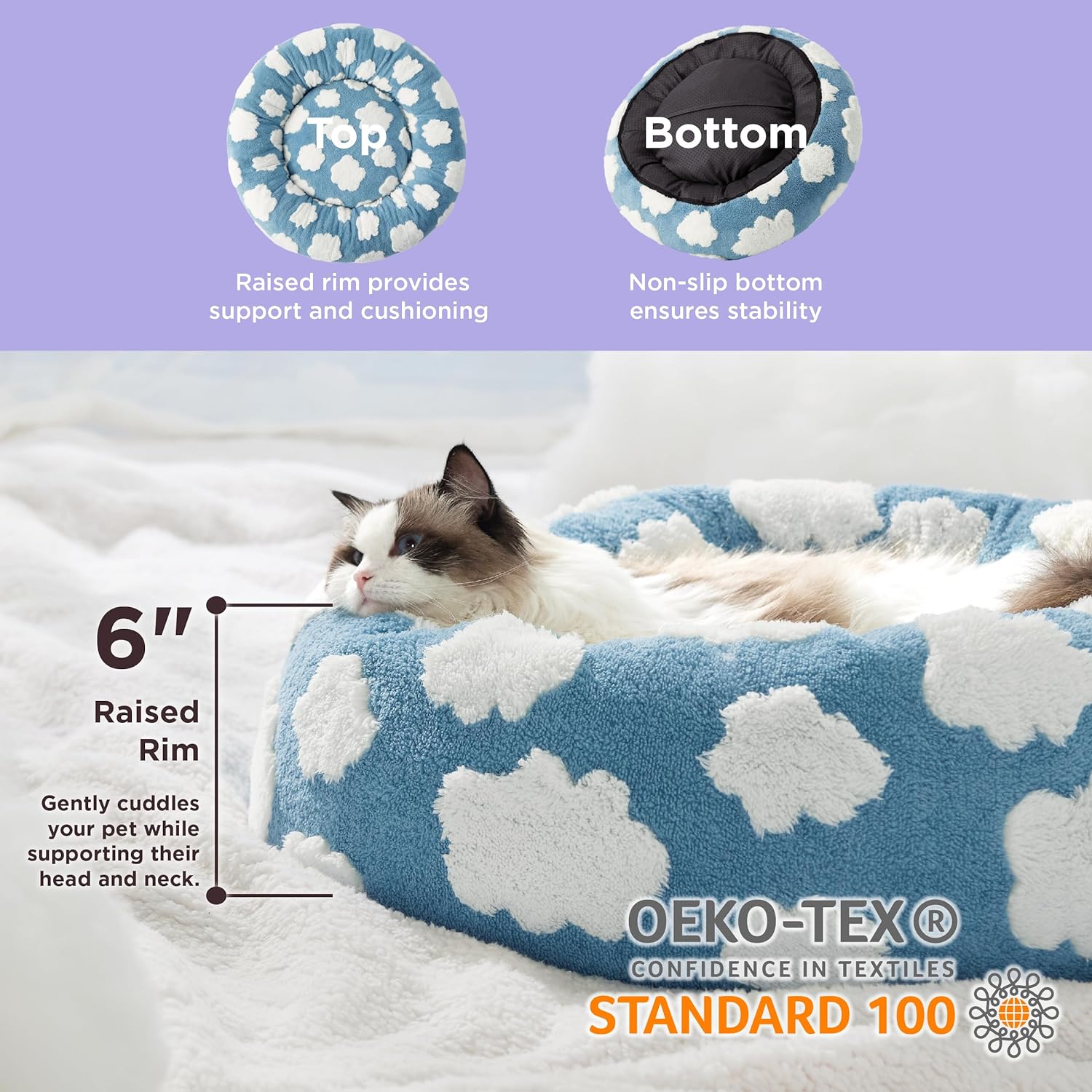 Round Donut Cat and Small Dog Bed Calming Plush Non-Slip