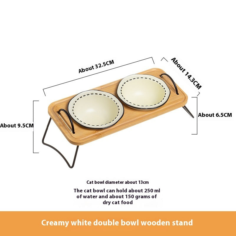 Multi-Functional Wooden Pet Bowl Rack with Ceramic Bowls