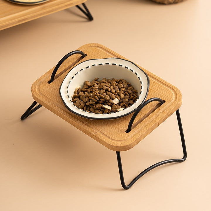 Multi-Functional Wooden Pet Bowl Rack with Ceramic Bowls
