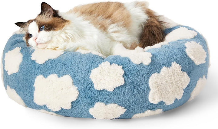 Round Donut Cat and Small Dog Bed Calming Plush Non-Slip