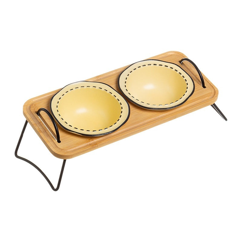 Multi-Functional Wooden Pet Bowl Rack with Ceramic Bowls