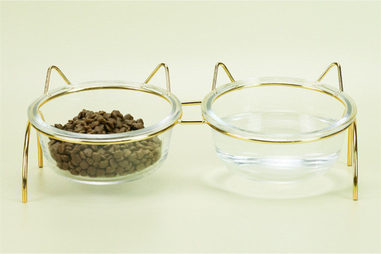 Glass Cat Bowl with Metal Rack for Food and Water