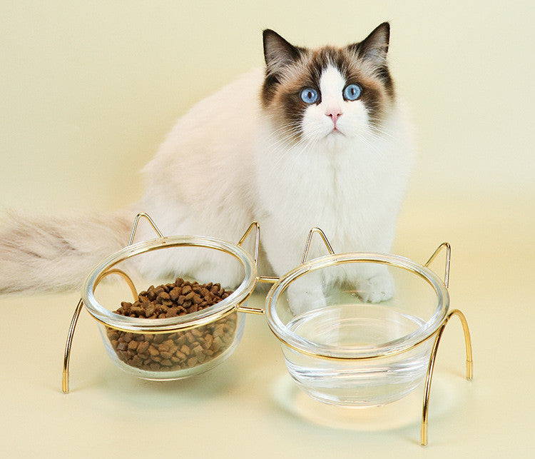 Glass Cat Bowl with Metal Rack for Food and Water