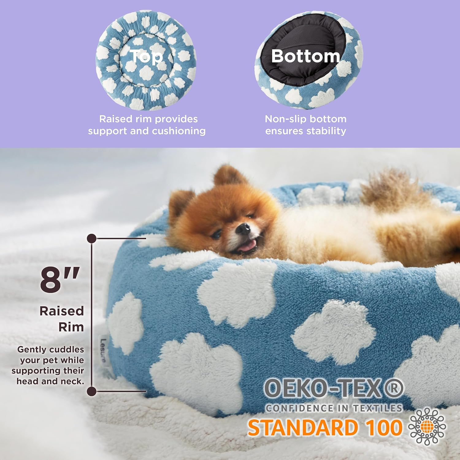 Round Donut Cat and Small Dog Bed Calming Plush Non-Slip