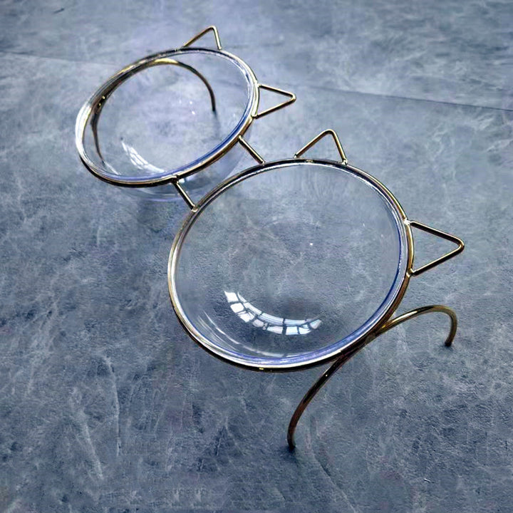 Glass Cat Bowl with Metal Rack for Food and Water