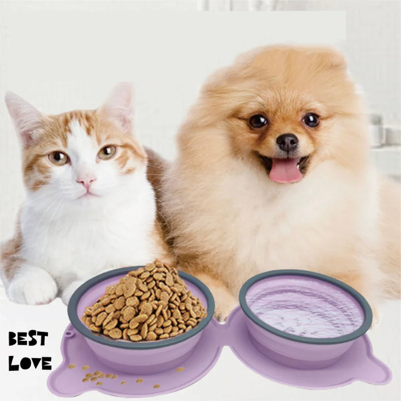 Portable Foldable Silicone Double Feeding Bowl for Cats and Dogs