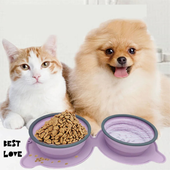 Portable Foldable Silicone Double Feeding Bowl for Cats and Dogs