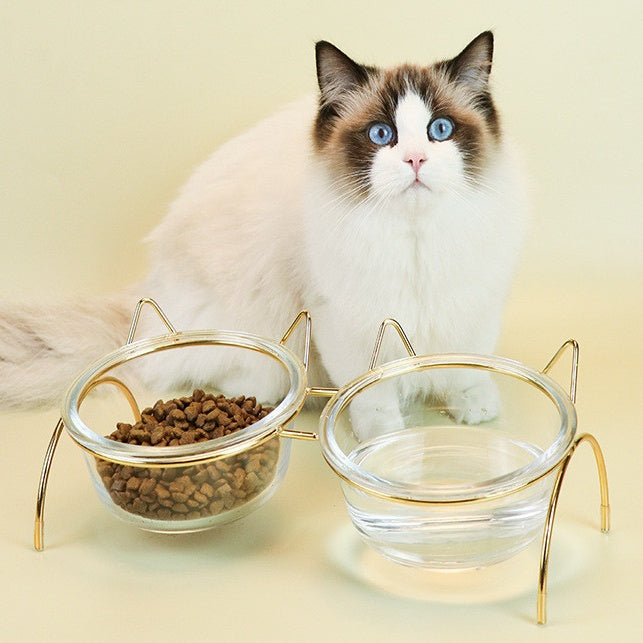 Glass Cat Bowl with Metal Rack for Food and Water