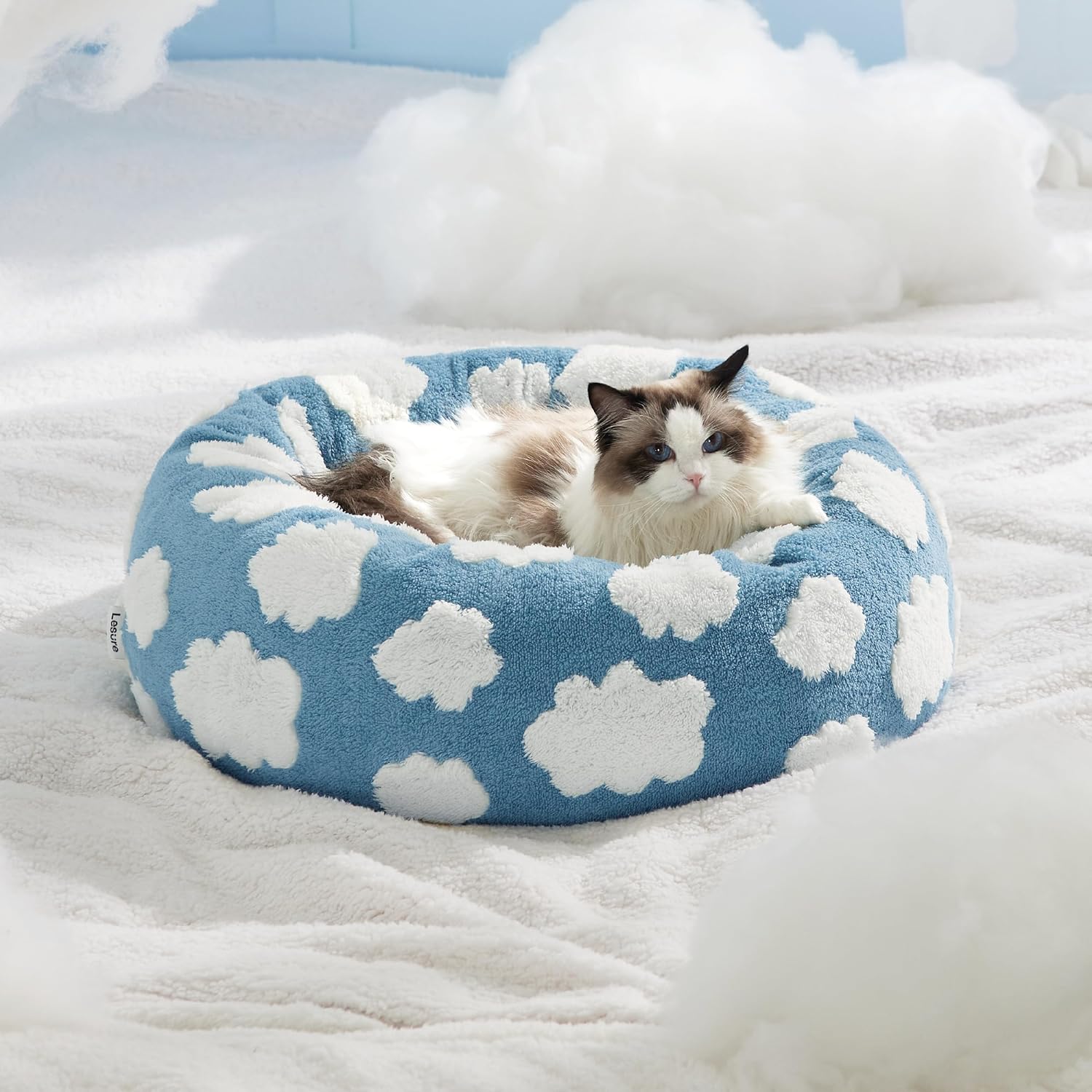 Round Donut Cat and Small Dog Bed Calming Plush Non-Slip