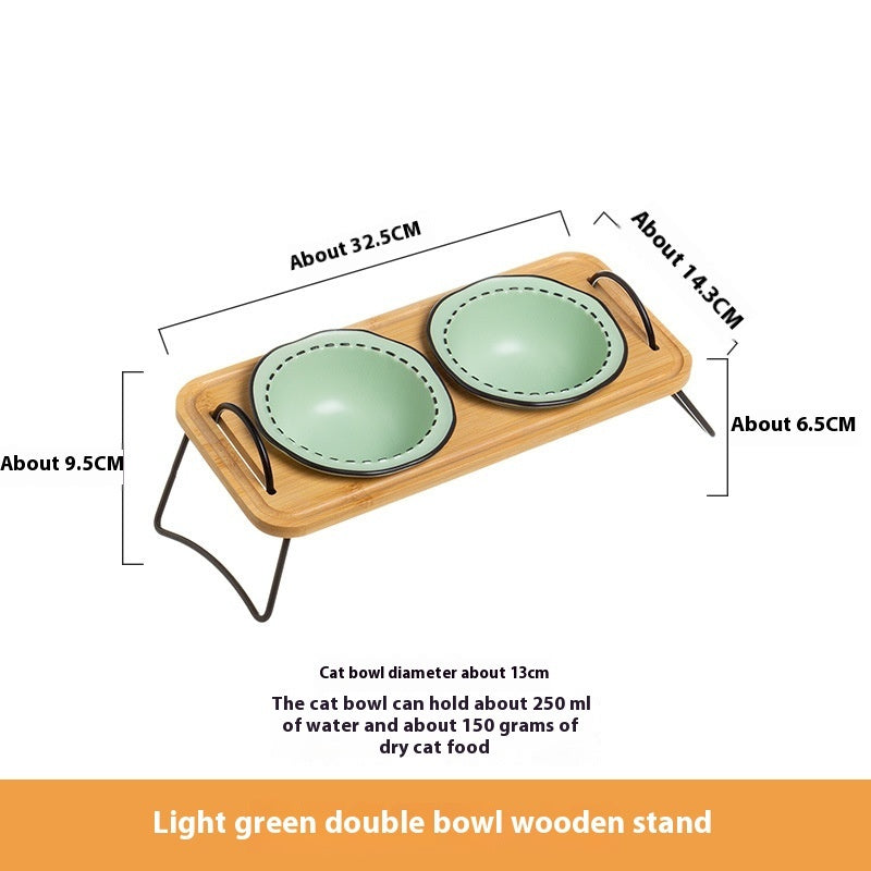 Multi-Functional Wooden Pet Bowl Rack with Ceramic Bowls