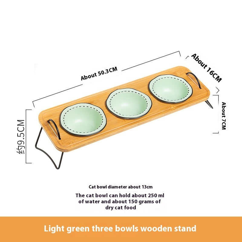 Multi-Functional Wooden Pet Bowl Rack with Ceramic Bowls