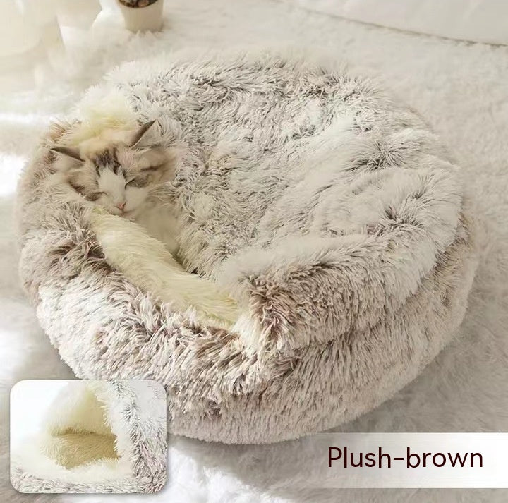 2-in-1 Round Plush Dog and Cat Winter Bed Soft and Warm